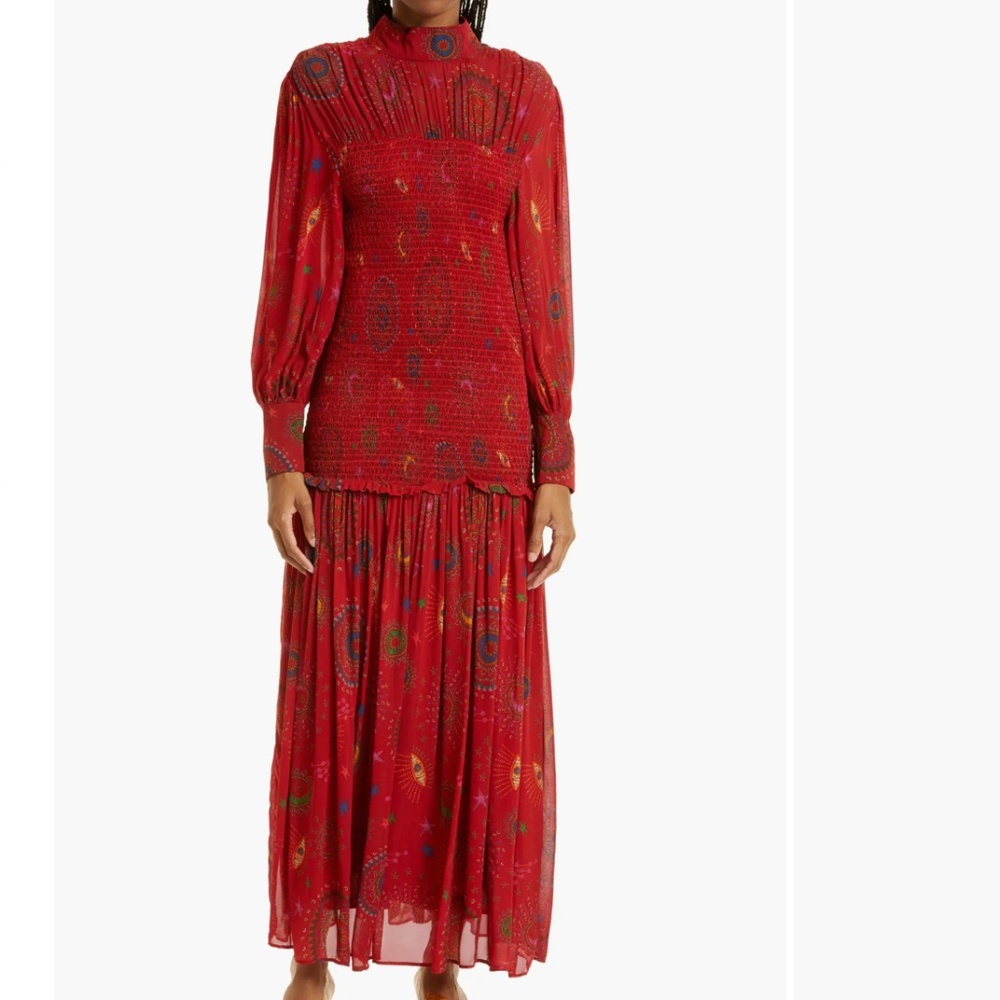 NWT $310 FARM Rio Mystic Night Print Smocked Long Sleeve Dress in Medium! - Picture 2 of 13